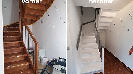 Treppenrenovierung Bremen – Holztreppe weiß lackiert vorher nachher